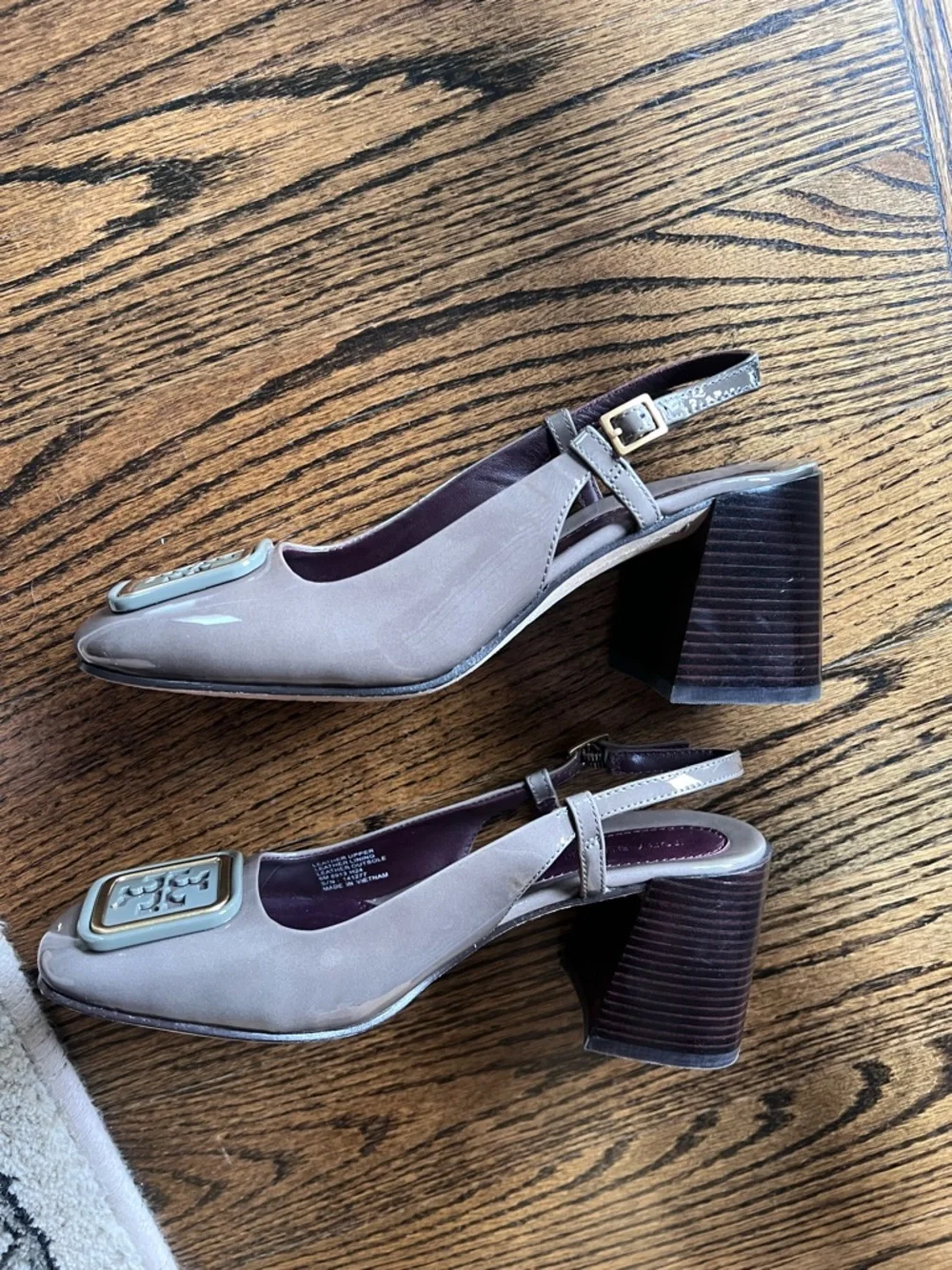 New! Tory Burch GeorgiaTaupe Leather Slingback Block Heels with Logo